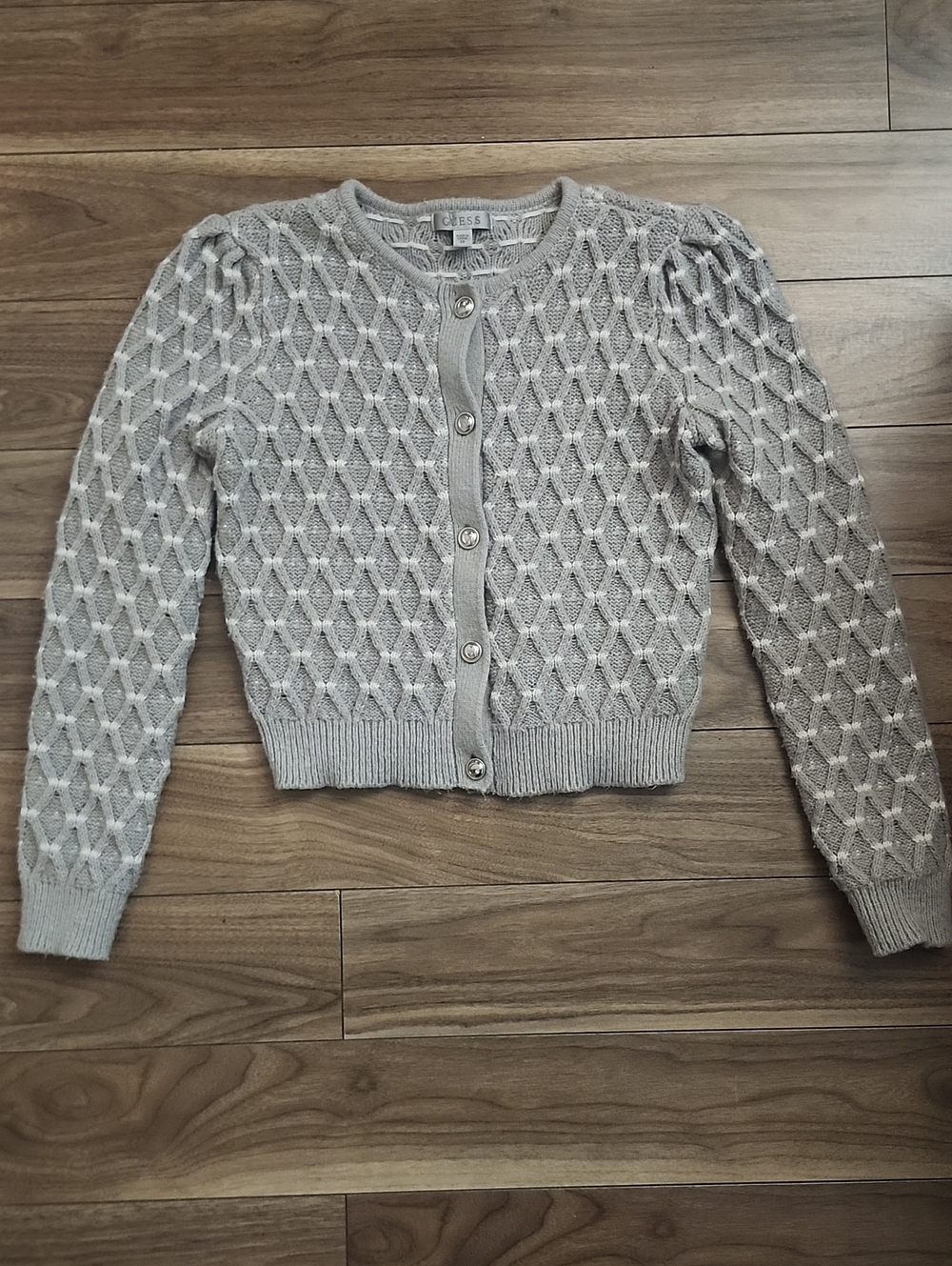 GUESS Elegant Knit Cardigan Crop Sweater, Light Grey, Front Buttons